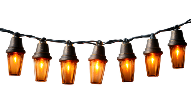 Vintage-style glowing candle string lights with flickering LED flames in amber glass holders, nostalgic warmth, isolated on white background