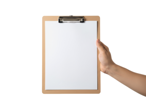 Clipboard Presentation: A hand firmly grasps a clipboard with a blank sheet of paper, ready for note-taking, design or presentation of ideas.