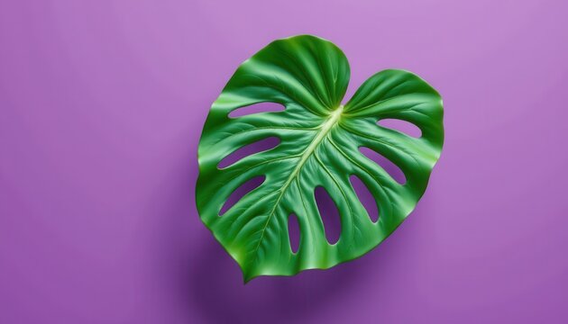 Bright Green Monstera Leaf on Vibrant Purple Background for Nature and Decoration Themes