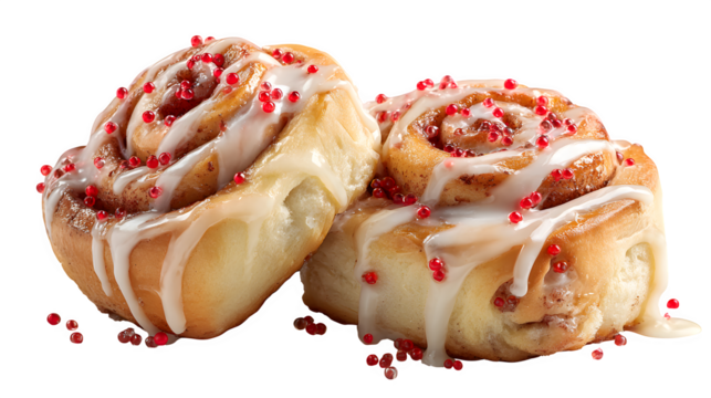 Warm cinnamon rolls drizzled with vanilla glaze and sprinkled with red sugar pearls, soft and gooey texture, isolated on white background