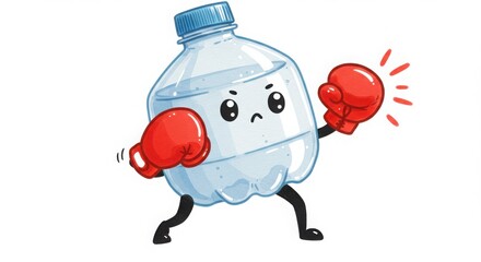 a cute round plastic bottle character wearing boxing gloves in fighting pose in watercolor illustration
