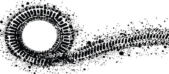 Black tire tracks isolated on white background. Black tire tracks on white, grunge texture, dirt splashes, vector background,