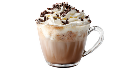 White mocha hot chocolate with espresso swirl, whipped cream, and chocolate curls, cozy and caffeinated, isolated on white background