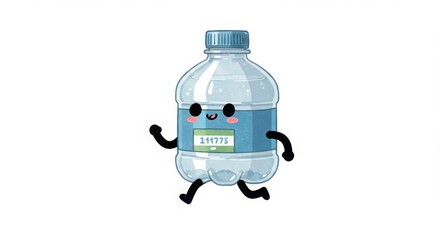 a cute round plastic bottle character running with marathon bib in watercolor illustration