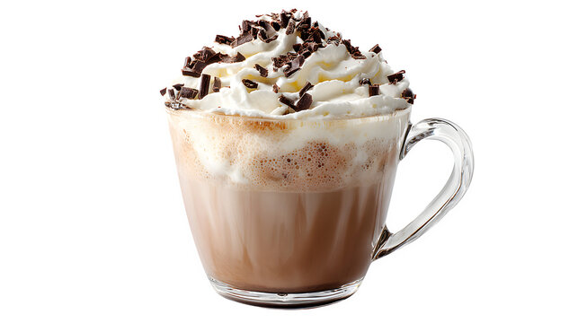 White mocha hot chocolate with espresso swirl, whipped cream, and chocolate curls, cozy and caffeinated, isolated on white background