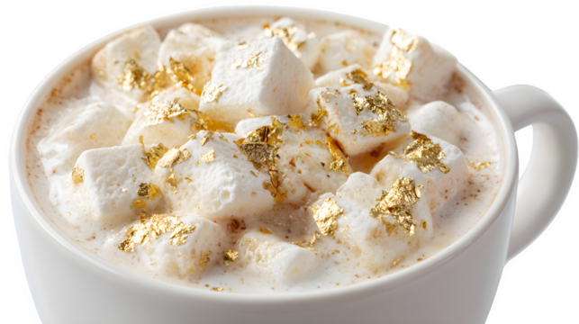 White hot chocolate with vanilla bean specks, marshmallows, and edible gold leaf flakes, luxurious and creamy, isolated on white background