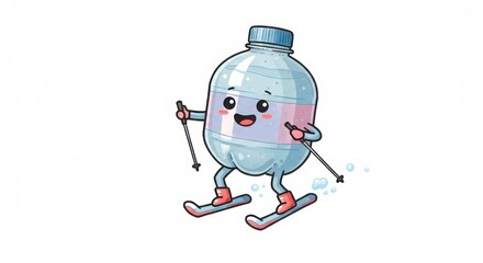 a cute round plastic bottle character skiing downhill in watercolor illustration