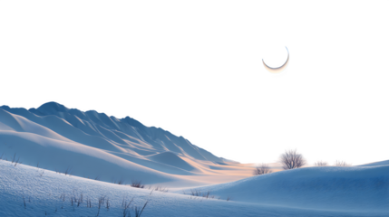 Winter night with a crescent moon above snow-draped hills, soft blue tones and silent stillness, isolated on white background