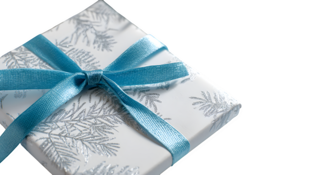 Winter gift in frost white paper with silver foil pine branches and icy blue ribbon, cool and serene, isolated on white background