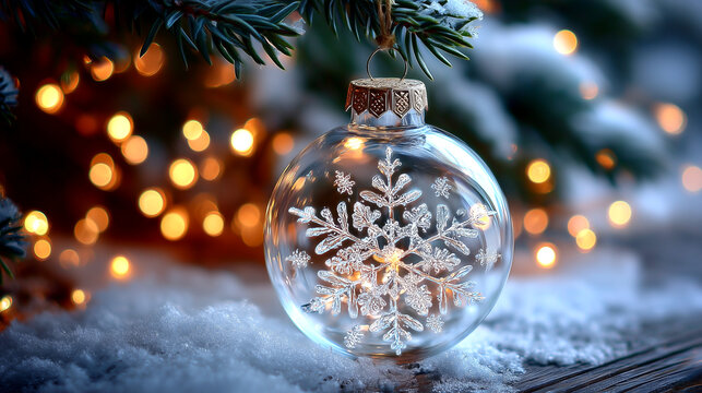 Elegant clear Christmas ornament with snowflake design and bokeh lights evokes festive cheer and holiday magic for seasonal celebrations and winter greetings