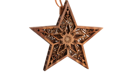 Wooden star ornament laser-cut with intricate Nordic patterns, stained in warm walnut finish, rustic charm, isolated on white background