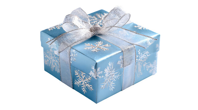 Winter wonderland gift in icy blue paper with silver foil snowflakes and sheer ribbon, cool-toned elegance, isolated on white background