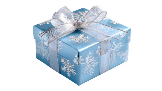 Winter wonderland gift in icy blue paper with silver foil snowflakes and sheer ribbon, cool-toned elegance, isolated on white background