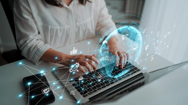 Global AI-powered digital network ecosystem connecting data, finance, analytics, ecommerce, communication, and automation across continents through technology and cloud Marrow
