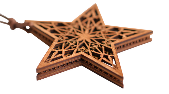 Wooden star ornament laser-cut with intricate Nordic patterns, stained in warm walnut finish, rustic charm, isolated on white background
