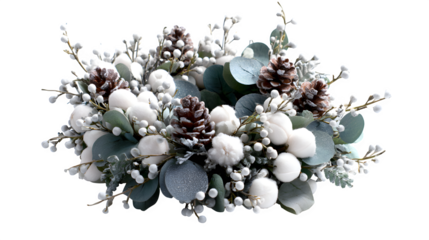 Wreath of faux white berries, silver eucalyptus, and frosted pinecones with satin ribbon, frosty elegance, isolated on white background