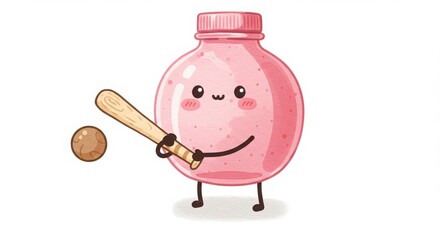 a cute round plastic bottle character baseball pose holding bat in watercolor illustration