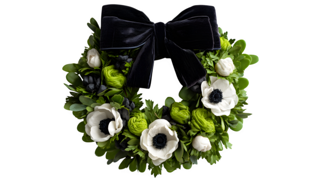 Wreath of preserved boxwood and white anemones with a velvet charcoal bow, modern botanical style, isolated on white background