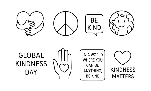 Collection of hand drawn icons promoting kindness and peace