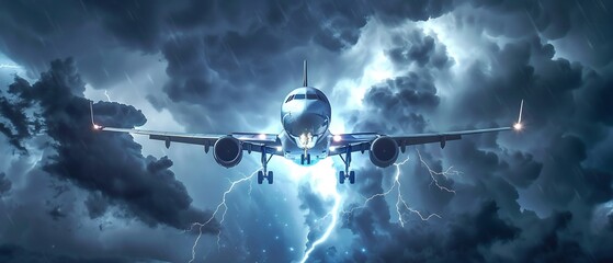 Airplane flying through storm clouds with lightning strikes travel aviation safety and weather conditions