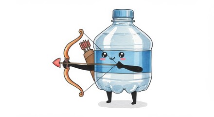 a cute round plastic bottle character archery aiming bow and arrow in watercolor illustration