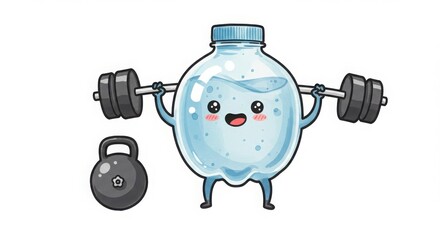a cute round plastic bottle character weightlifting barbell in watercolor illustration