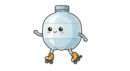 a cute round plastic bottle character roller skating in watercolor illustration