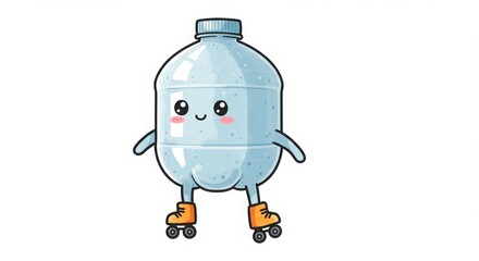 a cute round plastic bottle character roller skating in watercolor illustration