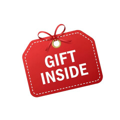 Red gift tag with text gift inside and ribbon bow isolated on transparent background