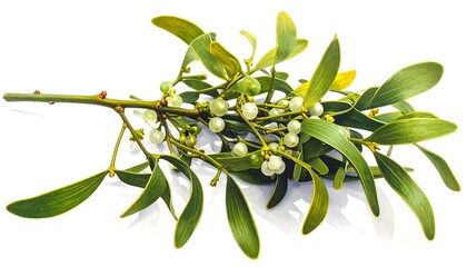 Fototapeta premium Close-up of a sprig of mistletoe with green leaves and white berries on white