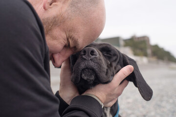 A man hugs a sad, black, long-eared dog on the beach by the sea on an autumn day, close-up, soft focus. Homeless street animals and people.