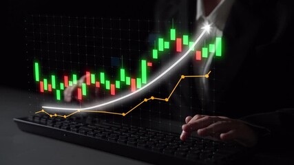 A businessperson engages with financial data while analyzing a candlestick chart showcasing a rising trend, symbolizing growth and success in a dark office setting. Copula - Powered by Adobe