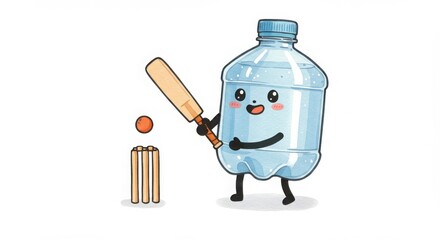 a cute round plastic bottle character playing cricket with bat in watercolor illustration