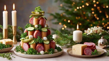Festive meat and cheese appetizer tree with pickles and candles on holiday table