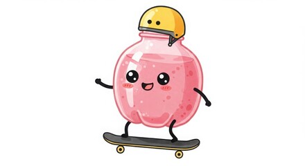 a cute round plastic bottle character skateboarding with helmet in watercolor illustration