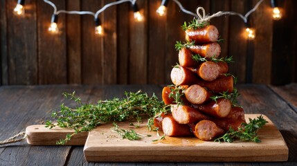Creative sausage pyramid on rustic wooden board with festive lights and fresh herbs