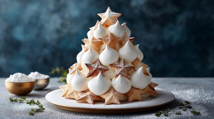 Festive meringue and star cookie christmas tree with icing sugar