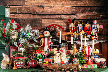 maximalist Christmas with retro baby shoes toys and nutcrackers surrounded by classic Christmas decorations