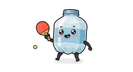 a cute round plastic bottle character table tennis with paddle in watercolor illustration