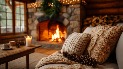 Cozy winter evening by the fireplace with a warm blanket and rustic charm, ideal for holiday promotions and heartfelt seasonal greetings and lifestyle content