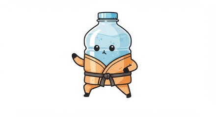 a cute round plastic bottle character wears karate uniform in pose in watercolor illustration