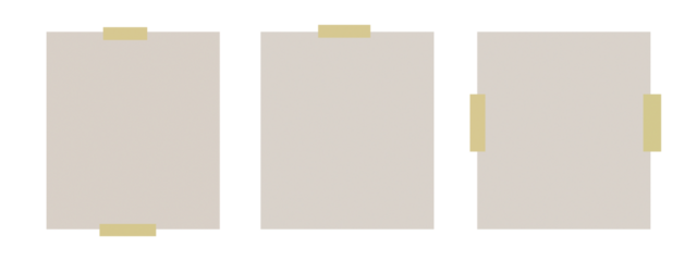Three blank beige rectangular panels with yellow tape accents arranged vertically and isolated on transparent background