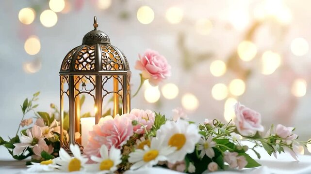 Romantic Table Setting with Candlelit Lantern and Fresh Flowers