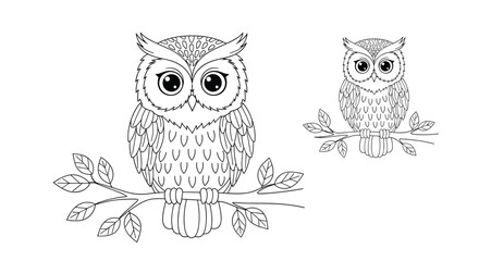 Fototapeta premium Detailed illustration of two owls perched on a branch with leaves in a whimsical style.