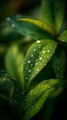 Morning dew glistens on green leaves in a lush garden during early hours of the day