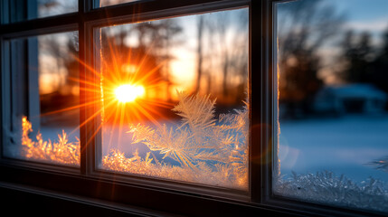 Stunning winter sunrise framed by delicate frost patterns on windowpane creating cozy warmth against the chilly season outside for lifestyle and design