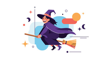 A cheerful cartoon witch flies on her broomstick through the night sky with playful decorations.
