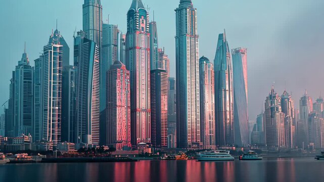 Majestic skyline of Dubai at sunrise showcasing modern architecture and waterfront beauty