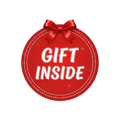 Round red gift tag with white text reading gift inside and a red bow isolated on transparent background