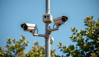 Surveillance cameras mounted on pole against clear blue sky and greenery for security monitoring in urban areas
